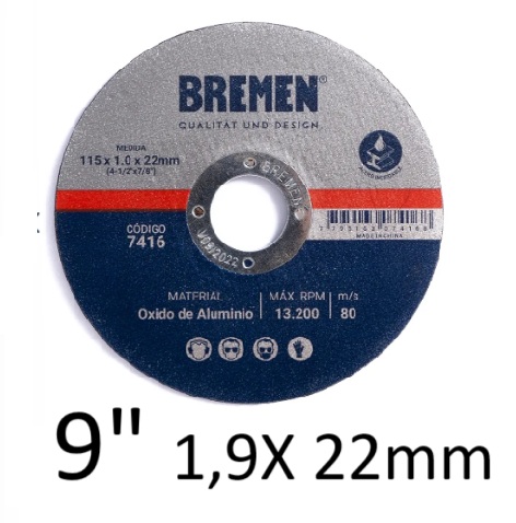 DISCO DE CORTE  9" (230x1.9x22mm) OX. ALUMINIO [10 unid]  " BREMEN