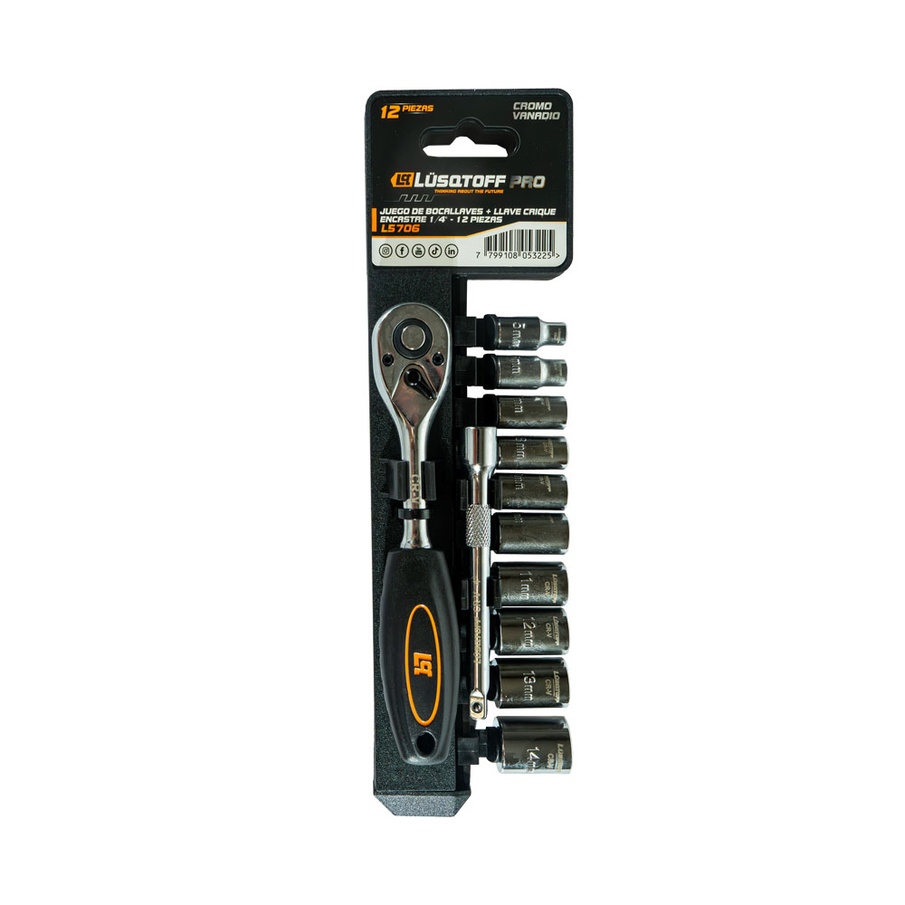 JUEGO DE BOCALLAVE Y LLAVE CRIQUE 12 PZAS ENCASTRE 1/4 LUSQTOFF