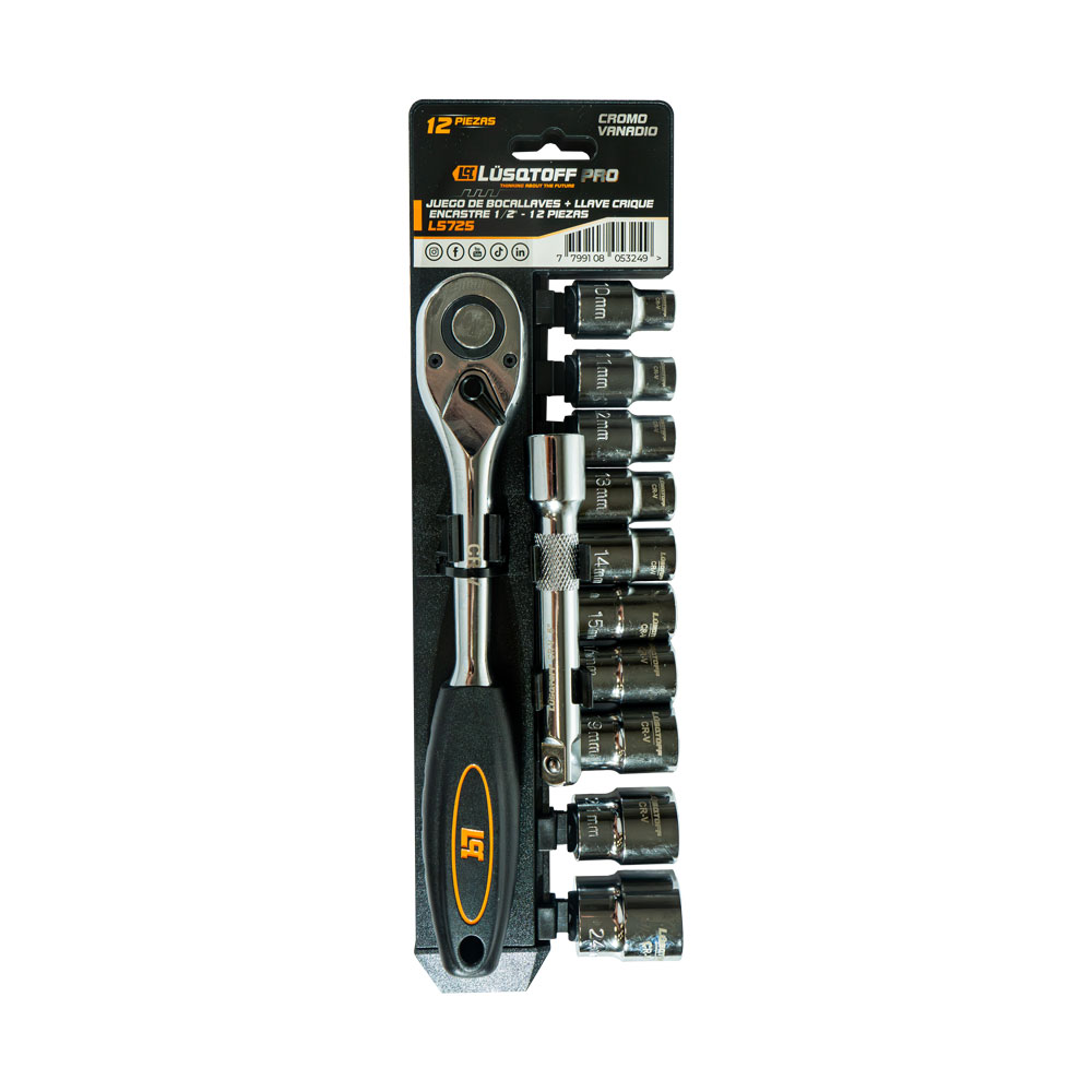 JUEGO DE BOCALLAVE Y LLAVE CRIQUE 12 PZAS ENCASTRE 1/2 LUSQTOFF