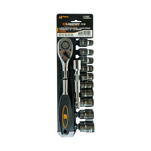 [L5725-LUSQTOFF] JUEGO DE BOCALLAVE Y LLAVE CRIQUE 12 PZAS ENCASTRE 1/2 LUSQTOFF
